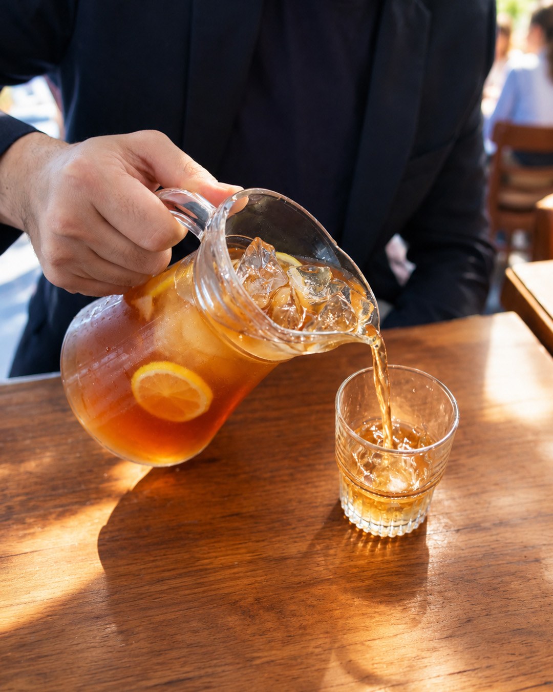 Thé glacé au citron versé depuis une carafe dans un verre